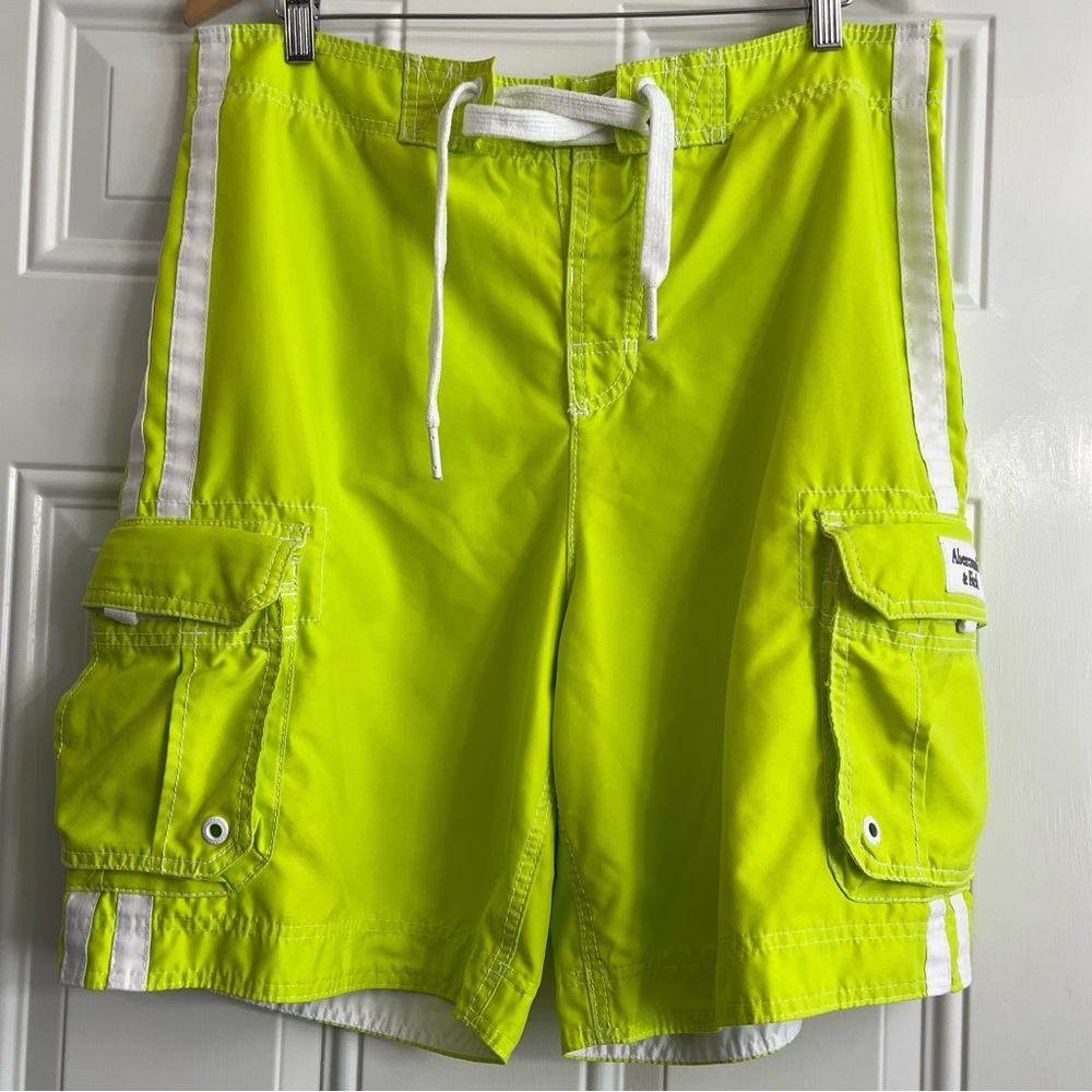 Abercrombie & Fitch Lime Green Cargo Swimming Trunks/Shorts Tie front Sz large